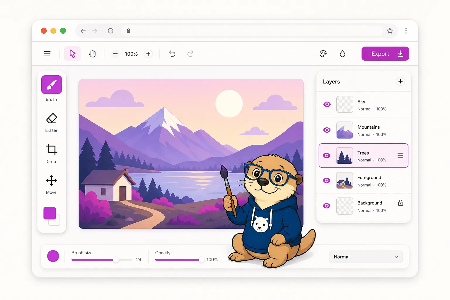 A browser image editor with layers and tools
