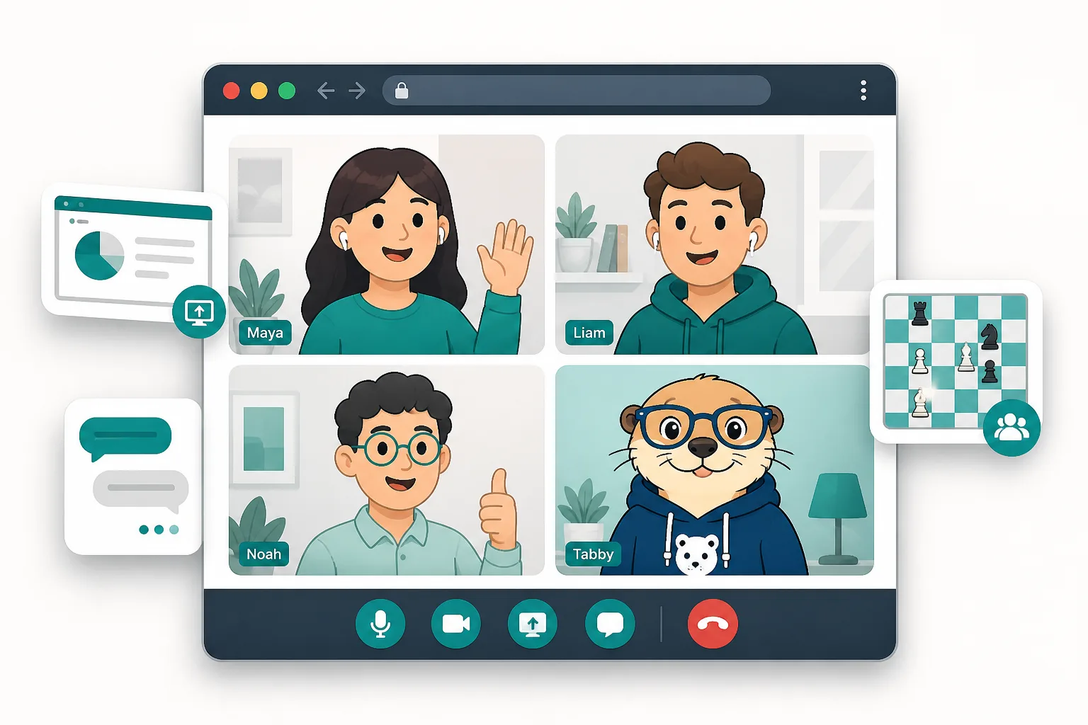 A browser video call with several participants and floating feature tiles