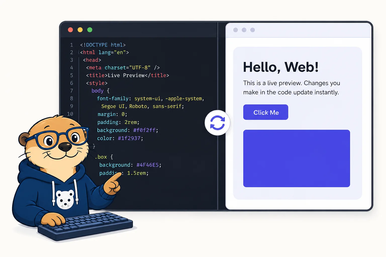A browser code editor with a live preview split view