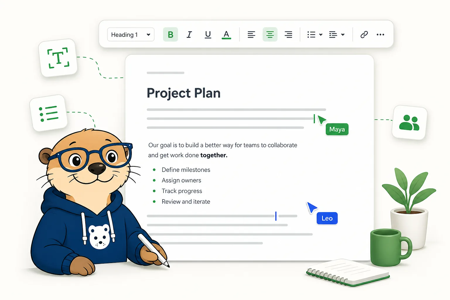 A browser document editor with a formatted page and toolbar